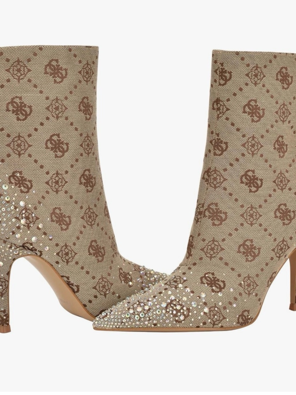 Guess Beige Monogram Crystal Pointed-Toe Ankle Boots
